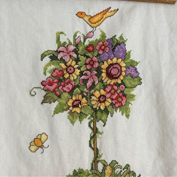14” X 37 “ Topiary Flowers & Fruits Crossstitched Unframed - Picture 2 of 10